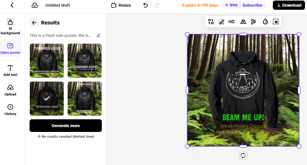 Black hoodie with alien design on AI-generated sales poster in the forest, great for side hustles or extra income ideas.